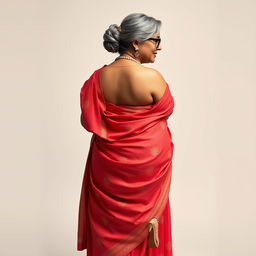 A stunningly beautiful Indian woman, 55 years old, characterized by her dusky skin and gracefully styled grey hairs in a bun