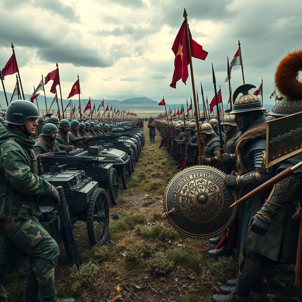 A dynamic and powerful scene depicting two distinct armies from different countries preparing for battle