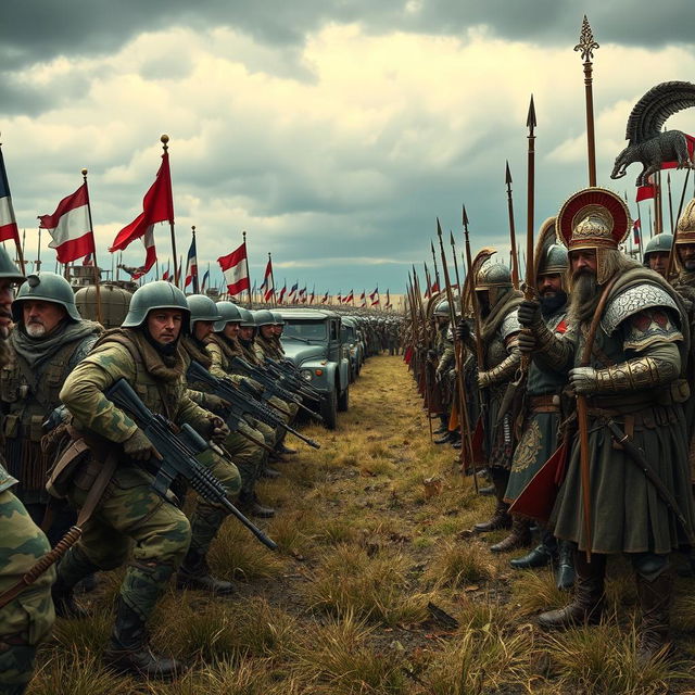 A dynamic and powerful scene depicting two distinct armies from different countries preparing for battle