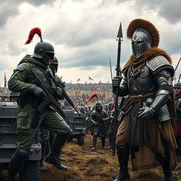 A dynamic and powerful scene depicting two distinct armies from different countries preparing for battle