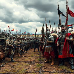 A dynamic and powerful scene depicting two distinct armies from different countries preparing for battle