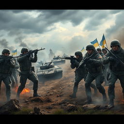 A dramatic, intense battlefield scene depicting an imaginary confrontation between two armies: one representing Russia and the other Ukraine