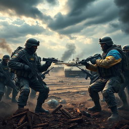 A dramatic, intense battlefield scene depicting an imaginary confrontation between two armies: one representing Russia and the other Ukraine