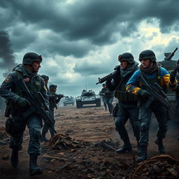 A dramatic, intense battlefield scene depicting an imaginary confrontation between two armies: one representing Russia and the other Ukraine