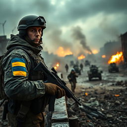 A dramatic and intense scene depicting the fierce conflict between Russian and Ukrainian soldiers on the battlefield