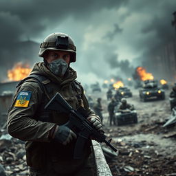 A dramatic and intense scene depicting the fierce conflict between Russian and Ukrainian soldiers on the battlefield