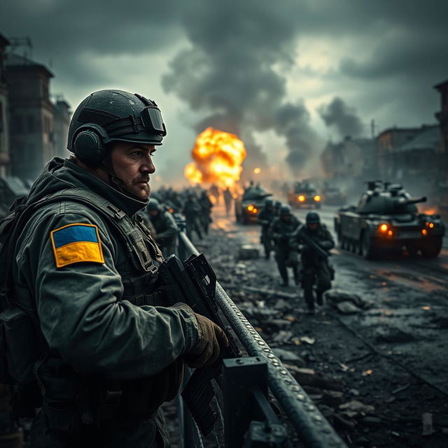 A dramatic and intense scene depicting the fierce conflict between Russian and Ukrainian soldiers on the battlefield