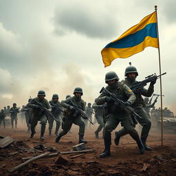 A dramatic and powerful scene depicting a clash between two armies in a stylized, war-torn landscape