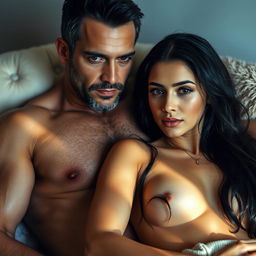 A sensual couple's photoshoot featuring a 24-year-old shy Arab woman with long dark hair, her wet skin glowing in soft natural light as she confidently gazes into the camera, showcasing her beautiful features and hint of her navel