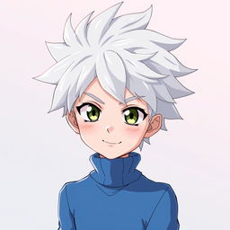 An anime boy character with striking white, spiky hair reminiscent of Killua Zoldyck from Hunter x Hunter, wearing a fitted, cozy blue turtleneck