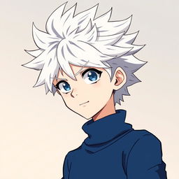 An anime boy character with striking white, spiky hair reminiscent of Killua Zoldyck from Hunter x Hunter, wearing a fitted, cozy blue turtleneck