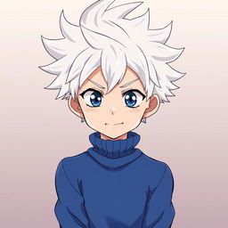 An anime boy character with striking white, spiky hair reminiscent of Killua Zoldyck from Hunter x Hunter, wearing a fitted, cozy blue turtleneck