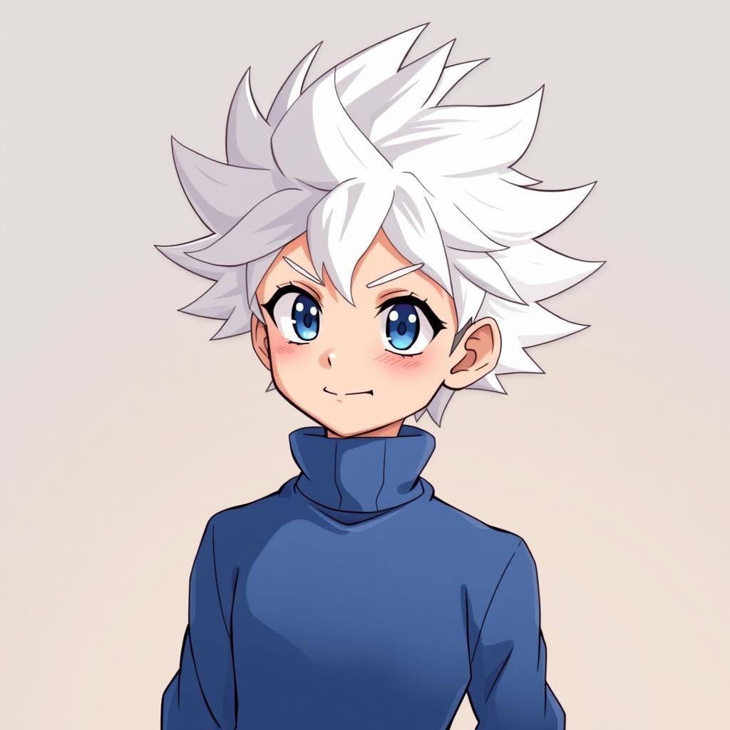 An anime boy character with striking white, spiky hair reminiscent of Killua Zoldyck from Hunter x Hunter, wearing a fitted, cozy blue turtleneck