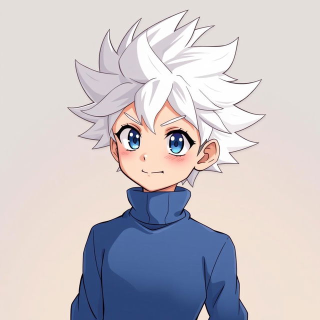 An anime boy character with striking white, spiky hair reminiscent of Killua Zoldyck from Hunter x Hunter, wearing a fitted, cozy blue turtleneck