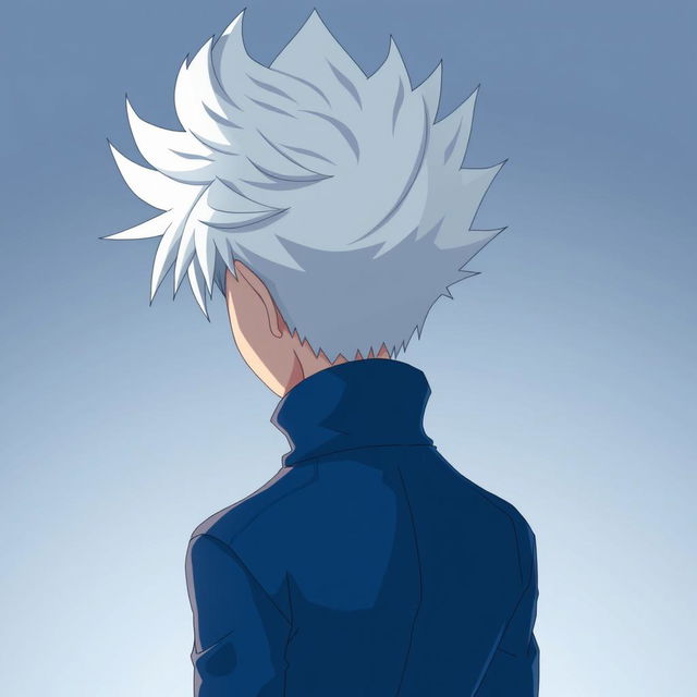 An anime boy character viewed from the back, featuring spiky white hair similar to Killua Zoldyck from Hunter x Hunter