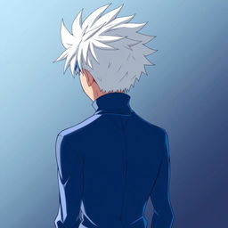An anime boy character viewed from the back, featuring spiky white hair similar to Killua Zoldyck from Hunter x Hunter