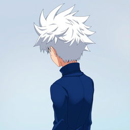 An anime boy character viewed from the back, featuring spiky white hair similar to Killua Zoldyck from Hunter x Hunter