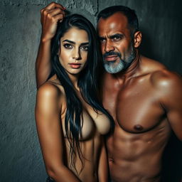 A sultry couple's photoshoot featuring a 24-year-old shy Arab woman with long dark hair, her wet skin glistening as she stands confidently facing the camera while being pushed gently against a textured, gritty wall