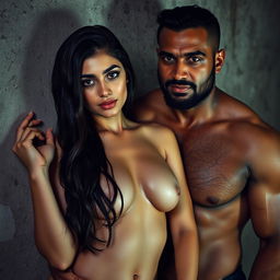 A sultry couple's photoshoot featuring a 24-year-old shy Arab woman with long dark hair, her wet skin glistening as she stands confidently facing the camera while being pushed gently against a textured, gritty wall