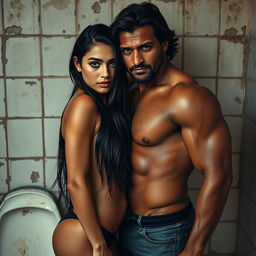 A hot and sultry couple's photoshoot featuring a 24-year-old shy Arab woman with long dark hair, her wet skin glistening as she stands confidently facing the camera, leaning against a distressed, dirty toilet wall