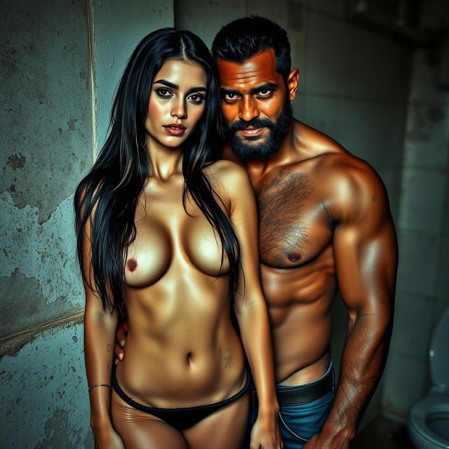 A hot and sultry couple's photoshoot featuring a 24-year-old shy Arab woman with long dark hair, her wet skin glistening as she stands confidently facing the camera, leaning against a distressed, dirty toilet wall