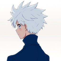 An anime boy character depicted from the back, featuring spiky white hair inspired by Killua Zoldyck from Hunter x Hunter