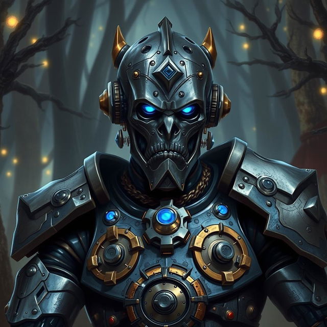 A detailed portrait of a Warforged character from Dungeons and Dragons, featuring a humanoid, metallic body with intricate gears and glowing blue eyes