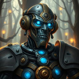 A detailed portrait of a Warforged character from Dungeons and Dragons, featuring a humanoid, metallic body with intricate gears and glowing blue eyes