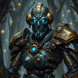 A detailed portrait of a Warforged character from Dungeons and Dragons, featuring a humanoid, metallic body with intricate gears and glowing blue eyes
