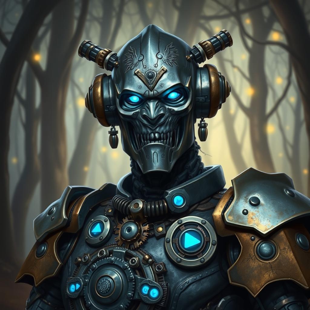 A detailed portrait of a Warforged character from Dungeons and Dragons, featuring a humanoid, metallic body with intricate gears and glowing blue eyes