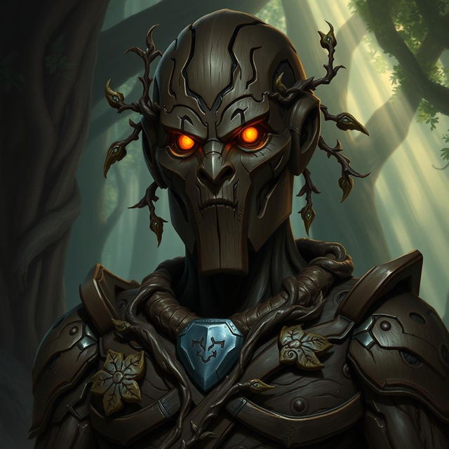 A detailed portrait of a Warforged character from Dungeons and Dragons, specifically featuring a Darkwood Core