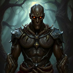 A detailed portrait of a Warforged character from Dungeons and Dragons, specifically featuring a Darkwood Core