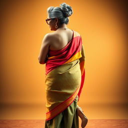 A stunningly beautiful Indian woman, 55 years old, with dusky skin and grey hairs elegantly styled in a bun, wearing fashionable glasses