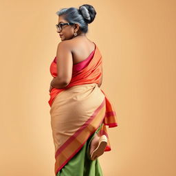 A stunningly beautiful Indian woman, 55 years old, with dusky skin and grey hairs elegantly styled in a bun, wearing fashionable glasses