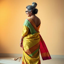 A stunningly beautiful Indian woman, 55 years old, with dusky skin and grey hairs elegantly styled in a bun, wearing fashionable glasses