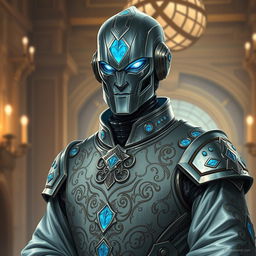 A detailed portrait of a Warforged Envoy character from Dungeons and Dragons, designed with a sleek, elegant appearance that combines functionality with artistry