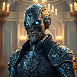 A detailed portrait of a Warforged Envoy character from Dungeons and Dragons, designed with a sleek, elegant appearance that combines functionality with artistry