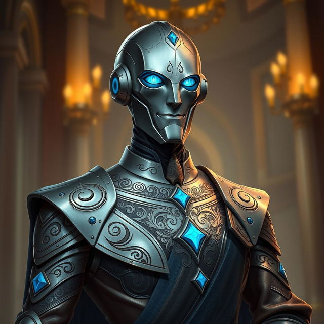 A detailed portrait of a Warforged Envoy character from Dungeons and Dragons, designed with a sleek, elegant appearance that combines functionality with artistry