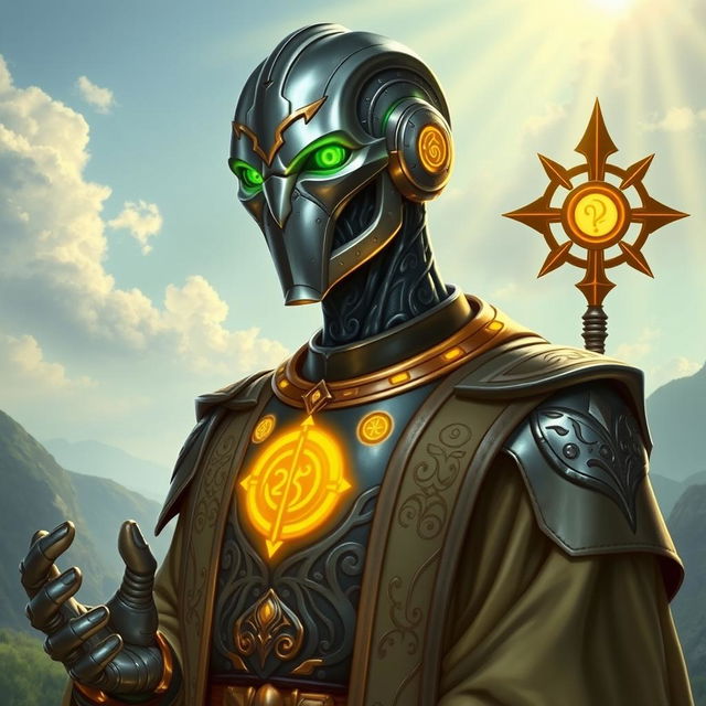 A detailed portrait of a Warforged Envoy Cleric character from Dungeons and Dragons