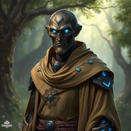 A detailed portrait of a Warforged Envoy Cleric character from Dungeons and Dragons, featuring a Darkwood Core with Iron blue accents