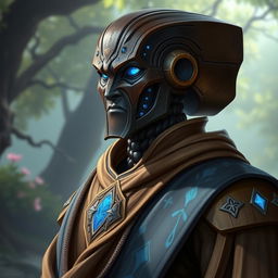 A detailed portrait of a Warforged Envoy Cleric character from Dungeons and Dragons, featuring a Darkwood Core with Iron blue accents