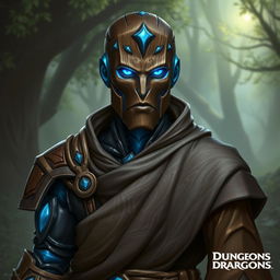 A detailed portrait of a Warforged Envoy Cleric character from Dungeons and Dragons, featuring a Darkwood Core with Iron blue accents