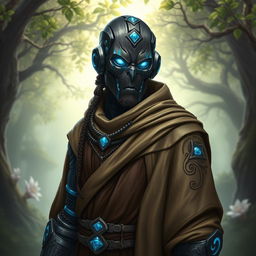 A detailed portrait of a Warforged Envoy Cleric character from Dungeons and Dragons, featuring a Darkwood Core with Iron blue accents