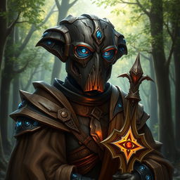 A detailed portrait of a Warforged Envoy Cleric character from Dungeons and Dragons, featuring a Darkwood Core with Copper Blue accents