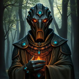 A detailed portrait of a Warforged Envoy Cleric character from Dungeons and Dragons, featuring a Darkwood Core with Copper Blue accents