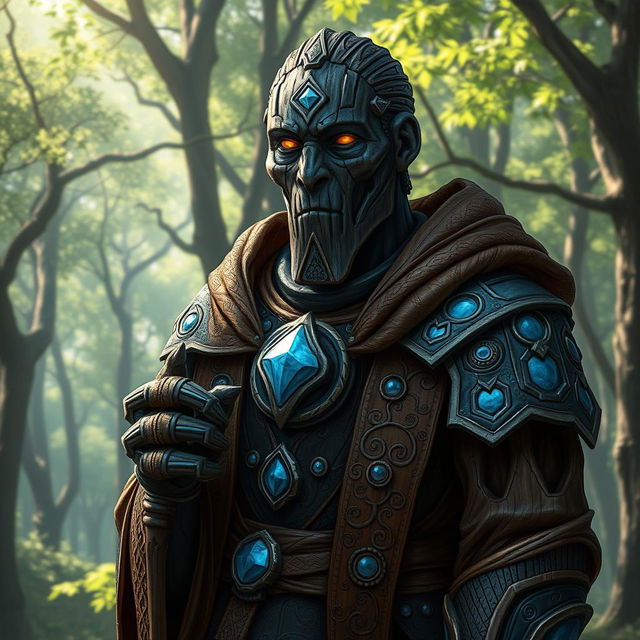 A detailed portrait of a Warforged Envoy Cleric character from Dungeons and Dragons, featuring a Darkwood Core with Copper Blue accents