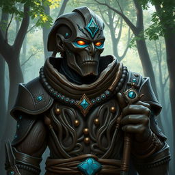 A detailed portrait of a Warforged Envoy Cleric character from Dungeons and Dragons, featuring a Darkwood Core with Copper Blue accents