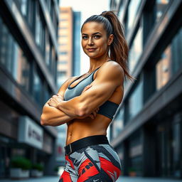 A muscular and powerful woman, showcasing her toned physique with defined muscles, wearing a stylish and sporty outfit that highlights her strength