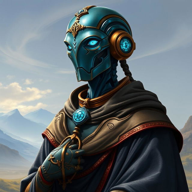 A detailed portrait of a Warforged Envoy Cleric character from Dungeons and Dragons, featuring a sleek and polished exterior with a rich copper blue finish