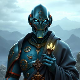 A detailed portrait of a Warforged Envoy Cleric character from Dungeons and Dragons, featuring a sleek and polished exterior with a rich copper blue finish